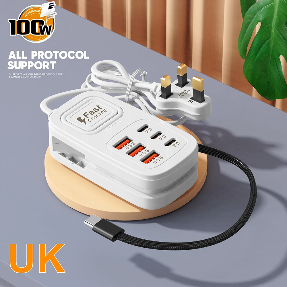 6-in-1-Schnellladestation, Multi-Port-USB-Typ-C-Desktop-Ladegerät, Steckdose, Ladeadapter für mehrere Geräte, EU-, US- und UK-Stecker