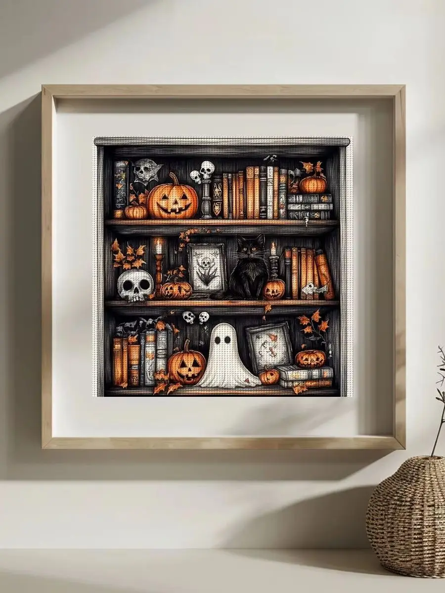 1 Stück 30x30 cm/11,8 Zoll Halloween-Bücherregal Gestempeltes Kreuzstich-Set DIY-Kit 11/14/16CT DIY-Stickset DIY-Kreuzstich-Set – Detail 1