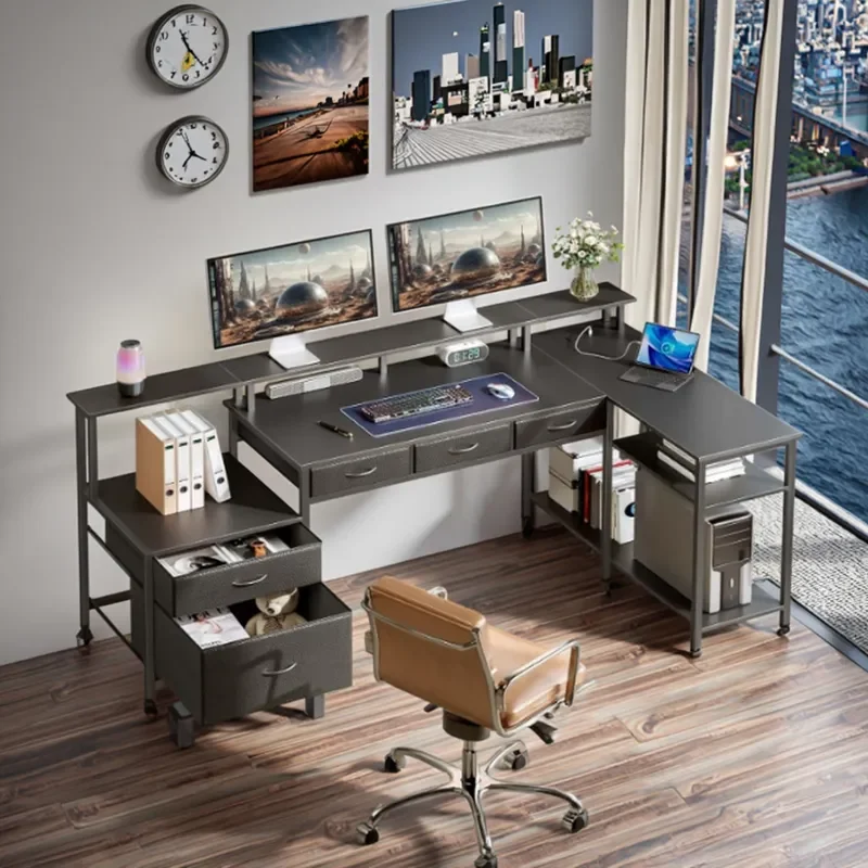 L Shaped Computer Desk with Drawers Power Outlet Multifunctional Home Office Workstation Storage Writing Table