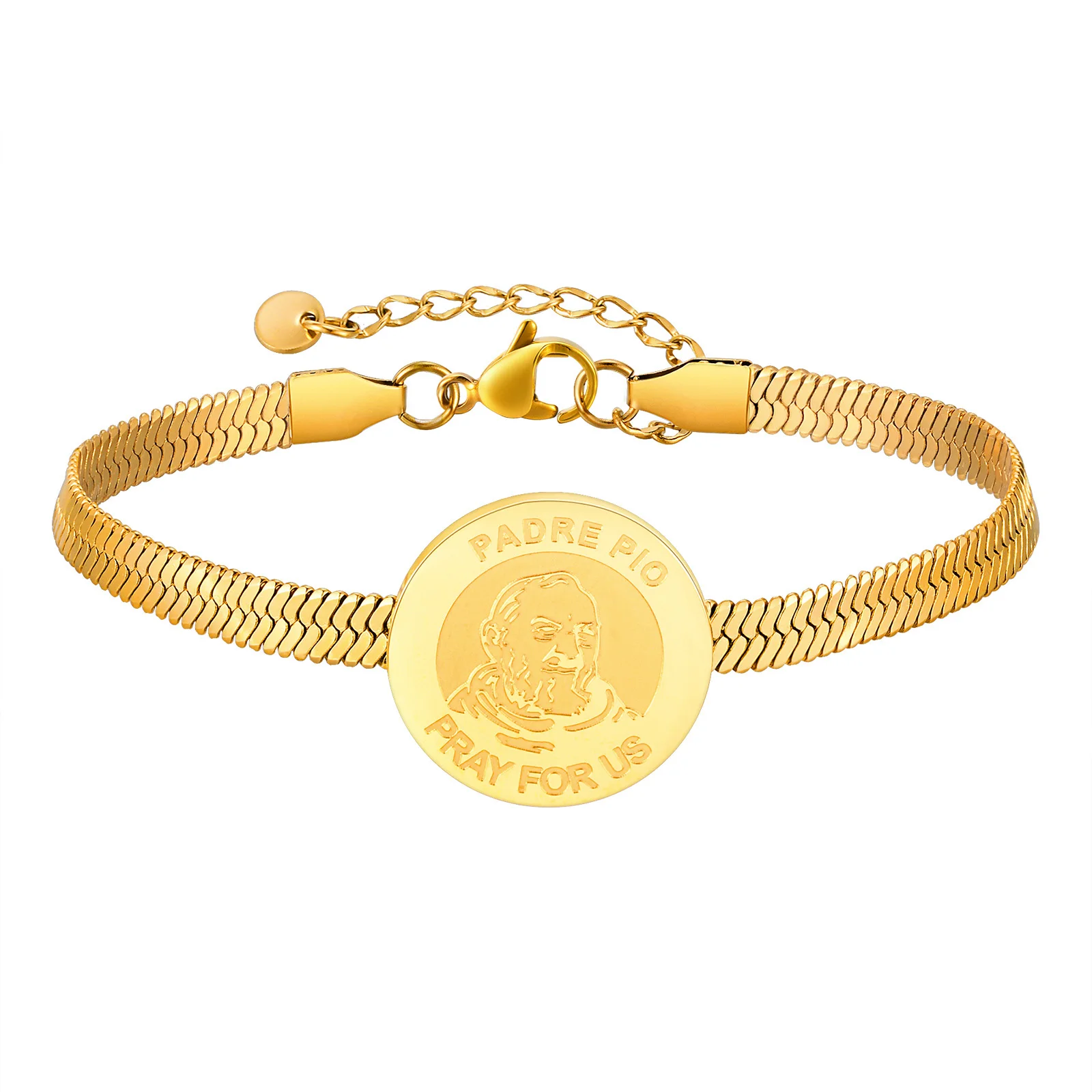 Pulsera Padre Pio Catholic Saint para hombres y niños, pulsera ajustable con cadena de hoja de acero inoxidable de Color dorado, regalo de joyería religiosa