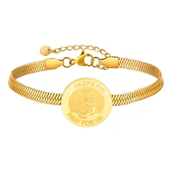 Padre Pio Catholic Saint Bracelet for Men Boys,Gold Color Stainless Steel Blade Chain Adjustable Wristband,Religion Jewelry Gift