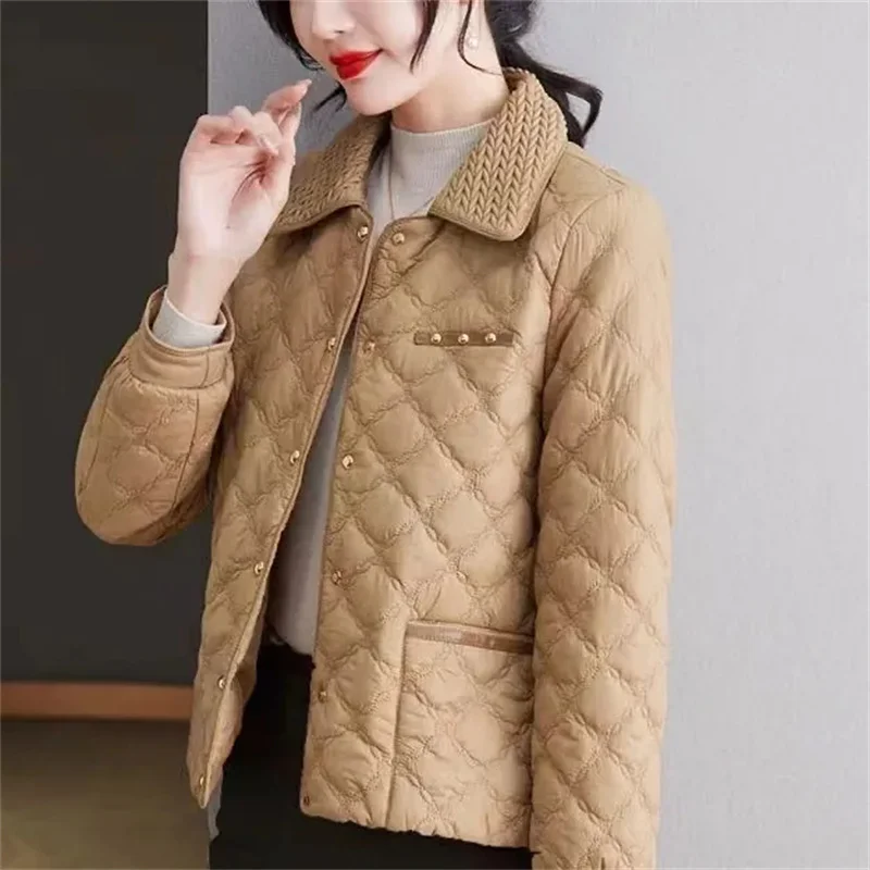 2026 New Light Cotton Coat Autumn Winter White Cotton-Padded Jacket Women's Tops Fashion Pocket Diamond Casual Coats Female 6