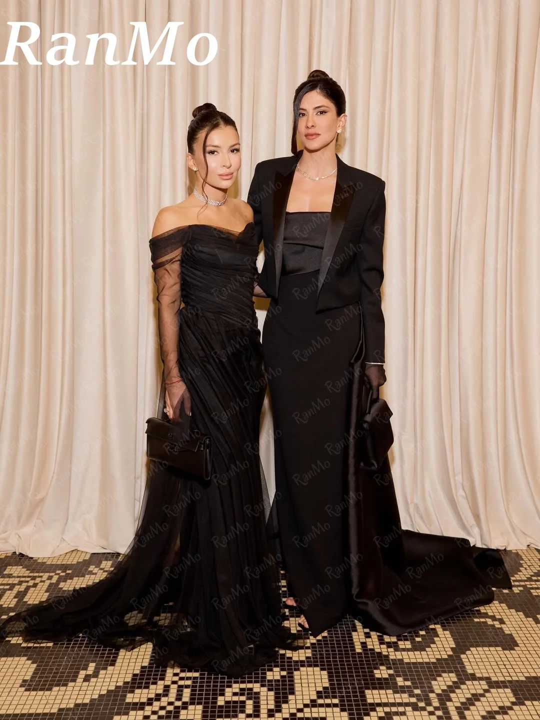 Ranmo Tulle Elegant Off Shoulder Mermaid Prom Dress Floor-Length Pleat vestidos de noche Full Sleeve Elegant Evening Dress 2025