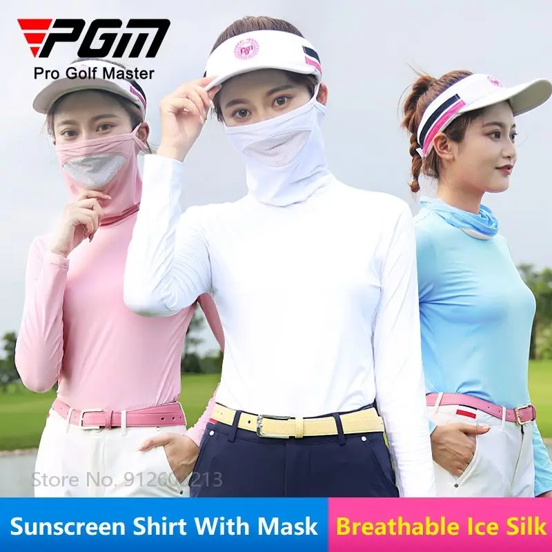 

PGM Summer Sunscreen Shirt for Women Breathable Golf T-shirts Cooling Ice Silk Tops with Mask Female Long Sleeve Anti-UV Clothes