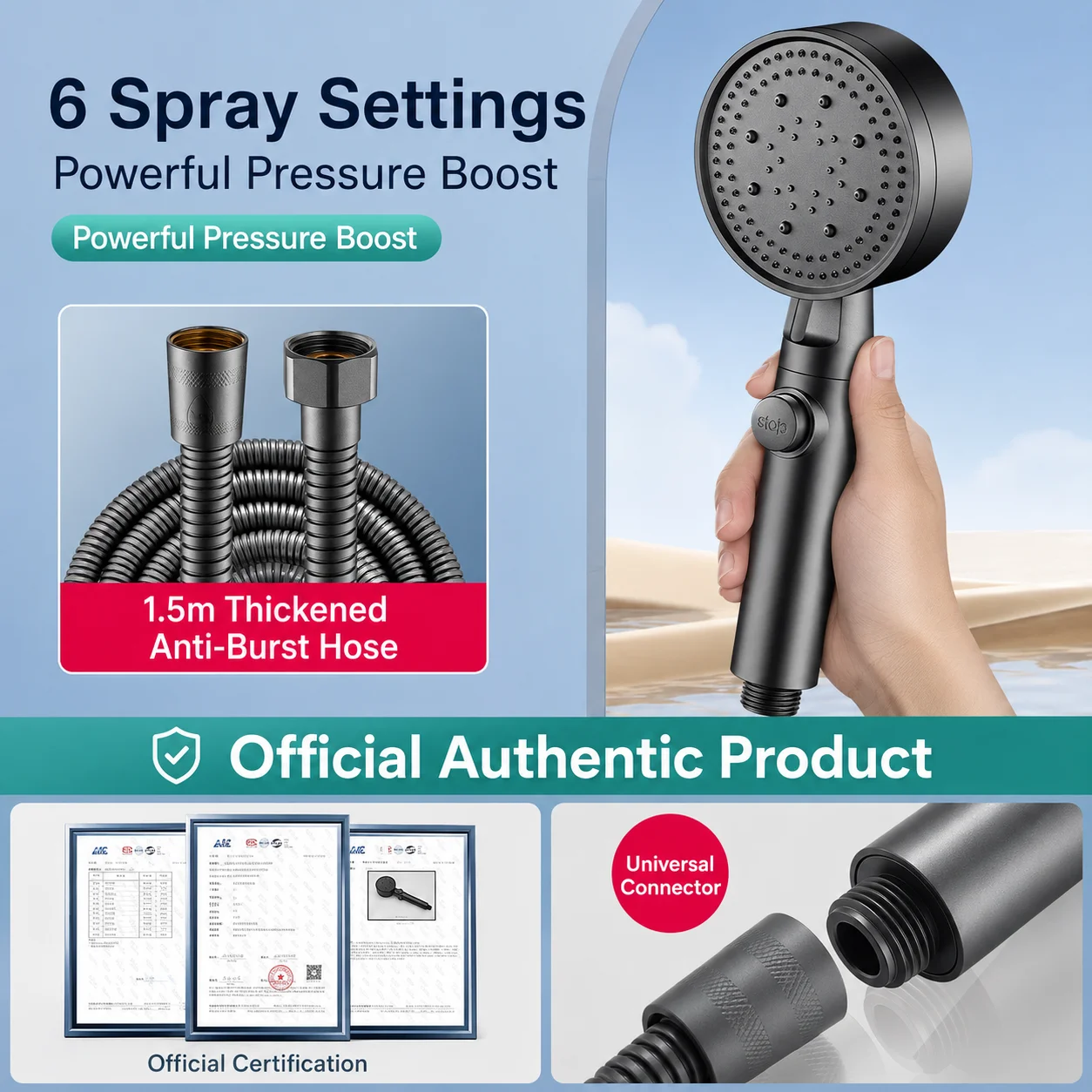 High Pressure Shower Head Handheld Large Panel Rainfall Showerhead with One-Key Stop Water Saving for Bathroom Accessories view 6