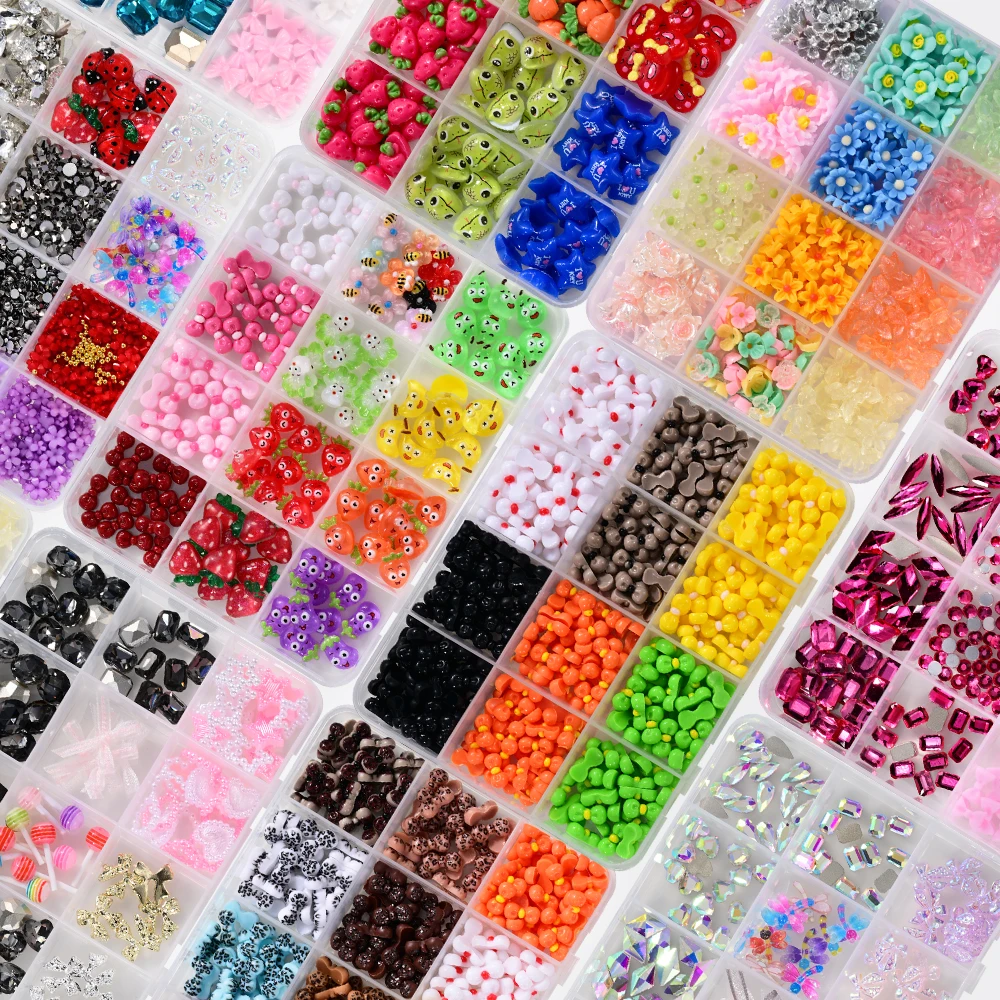 12 Siatek 3D Różowe Kokardki i Różowo-Czerwone Cyrkonie Ozdoby do Paznokci Mieszane Okrągłe/Serce/Kwadrat/Romb Diamentowe Dekoracje do Paznokci DIY Akcesoria do Paznokci