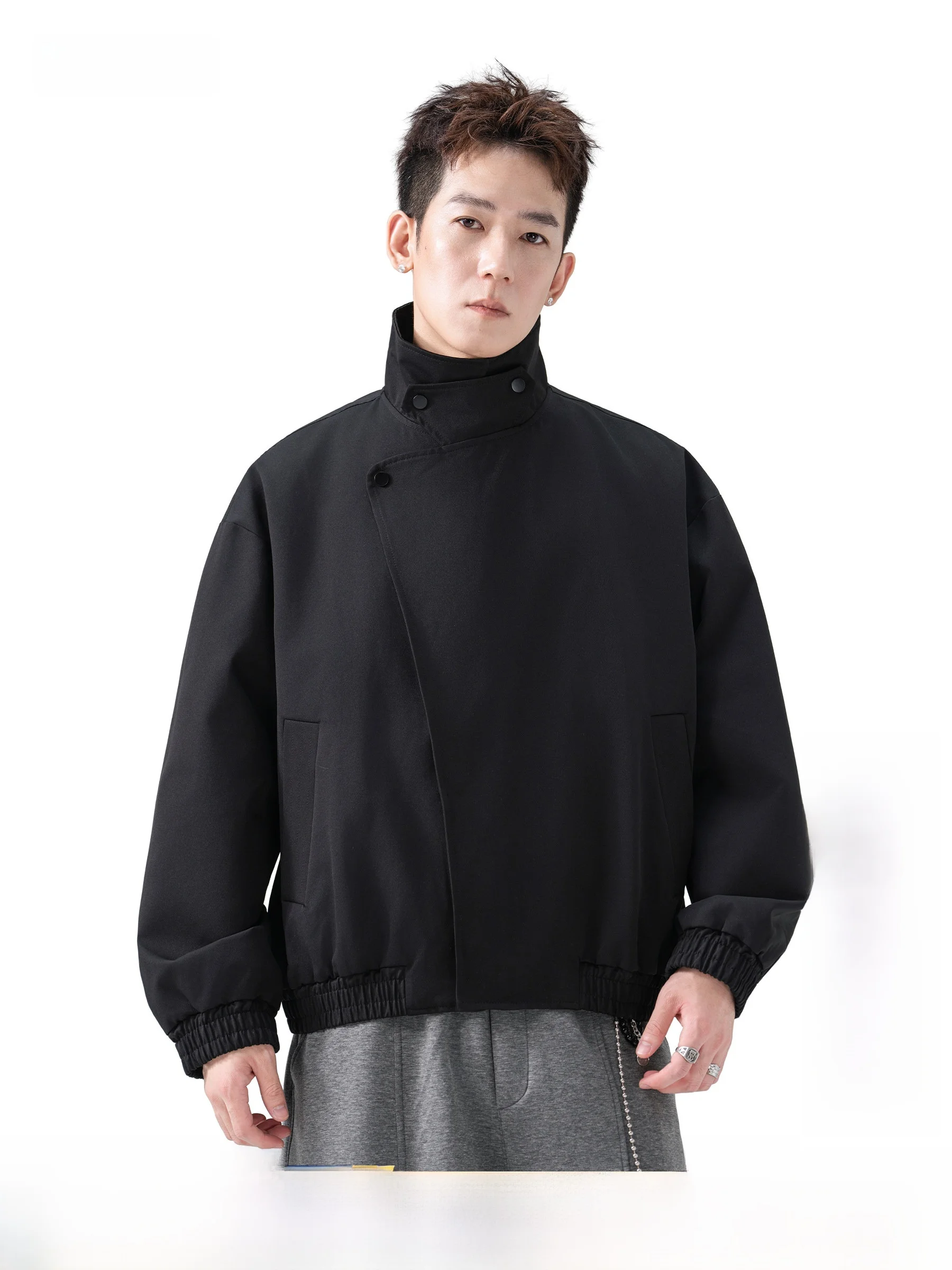 AOGZ Men's Loose Fit Jacket with Asymmetrical Zipper Stand Collar Design Deconstruction Commute Outerwear Trendy Autumn New A...
