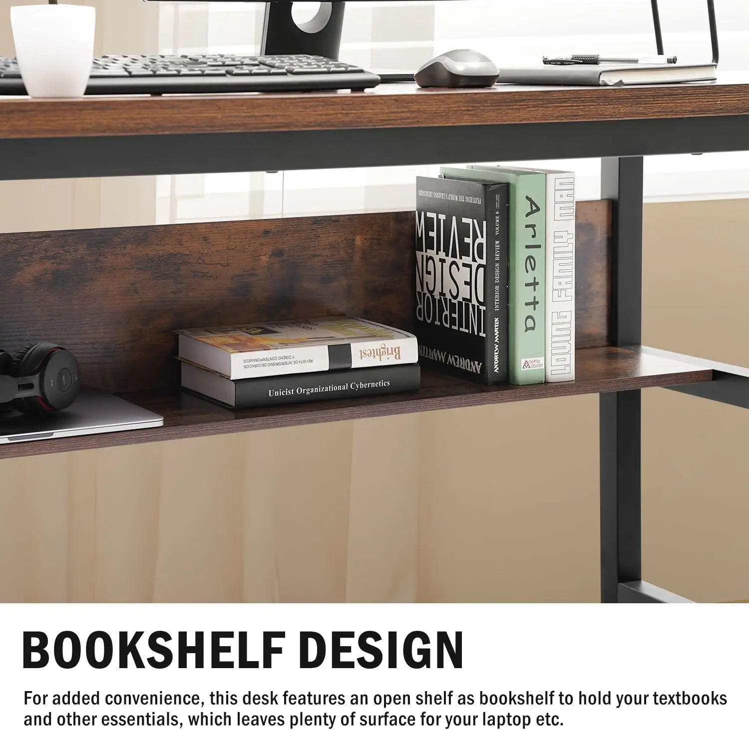 TOPSKY Computer Desk with Bookshelf/Metal Hole Cable Cover 1.18" Thick Desk (Rustic Brown, 63")