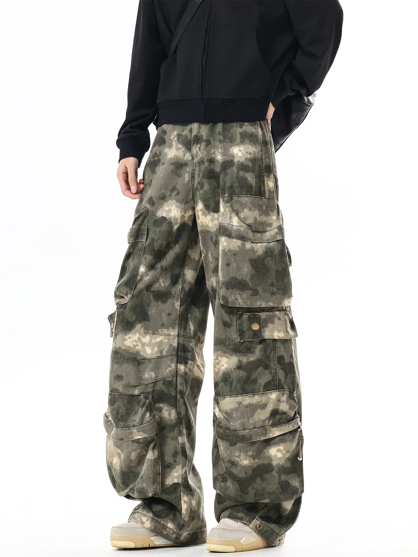 

Retro American Camouflage Gradient Washed Men's Workwear Pants Street Style Heavy Duty Jeans Wide Leg Multiple Pockets