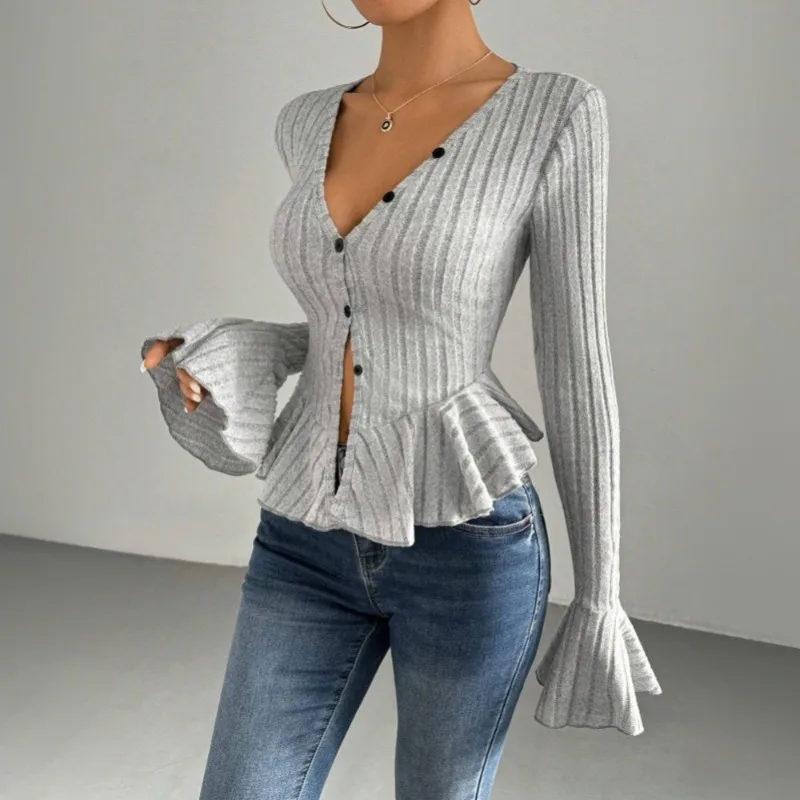 2026 Spring Summer V-Neck Ruffle Slim Brushed Top Women Elegant Casual New