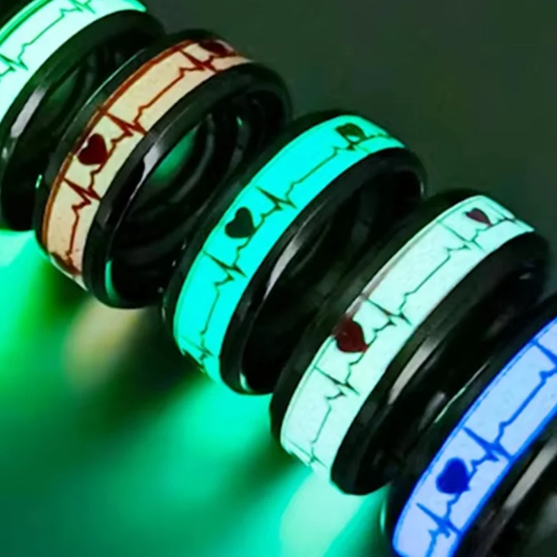 

Fashion Couple Multicolor Heartbeat Luminous ECG Stainless Steel Glowing Rings for Women Men Engagement Wedding Jewelry