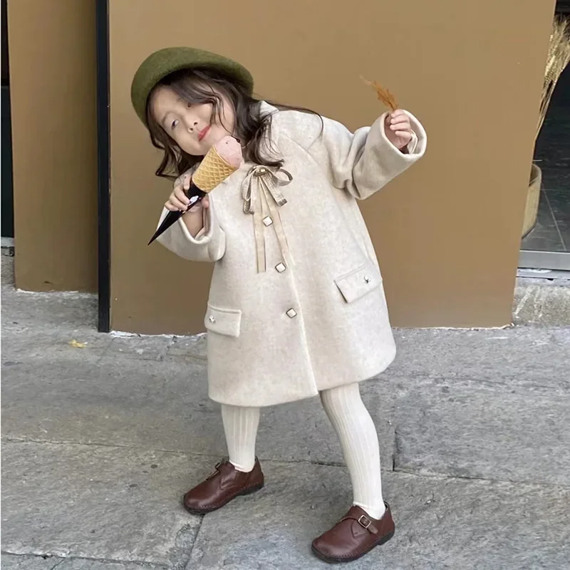 Girls Wool Coat Jacket Outerwear 2023 Vintage Warm Thicken Plus Velvet Winter Autumn Cotton School Teenagers Children\'s Clothing