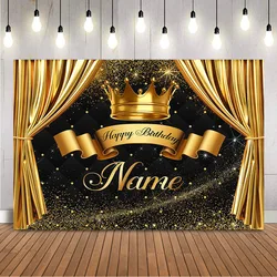 Happy Birthday Background Royal Crown Prince Gold Glitter Photo Backdrop Golden Curtain Customize Name Party Decoration Supplies