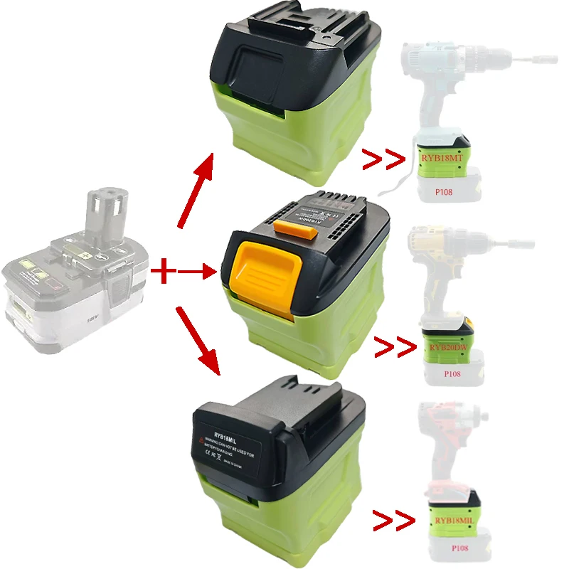 

RYB18MT RYB20DW RYB18MIL Adapter for Ryobi 18V Li-ion Ni-Cd/mAh Batteries Converts To for Makita/Dewalt/Milwaukee Power Tool