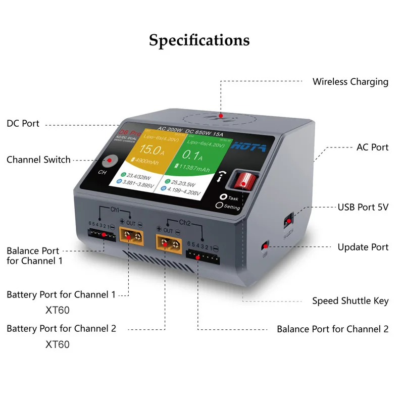 HOTA D6 Pro AC 200W DC 650W 15A D6 DC 2X325W 2X15A Charger With Wireless Charging for 1-6S Lipo LiHV/NiZn/Nicd/NiMH Battery