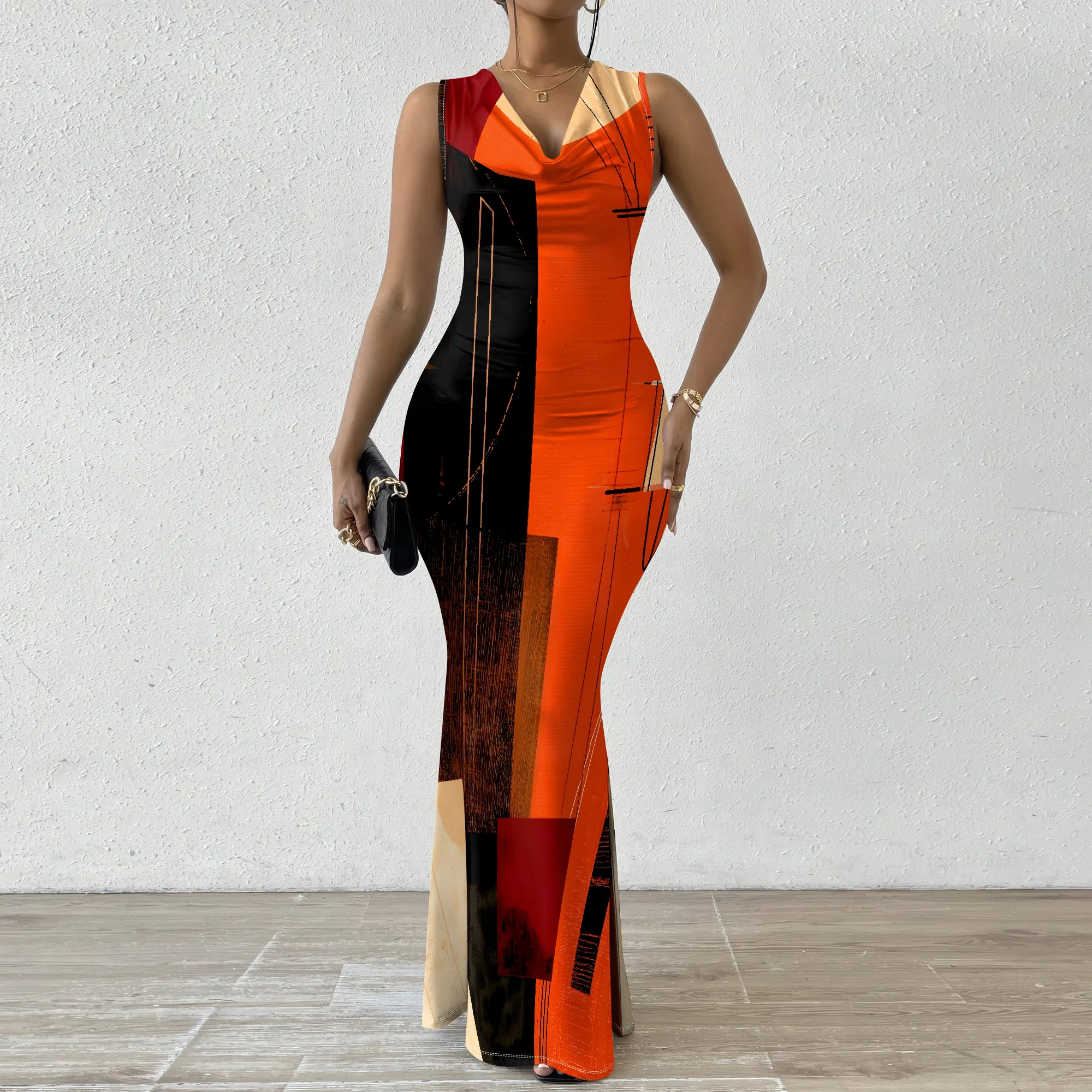 

Abstract Geometric Maxi Dress for Women XS-3XL Sleeveless Cowl Neck Evening Party or Art Gallery Look Elegant Statement Style