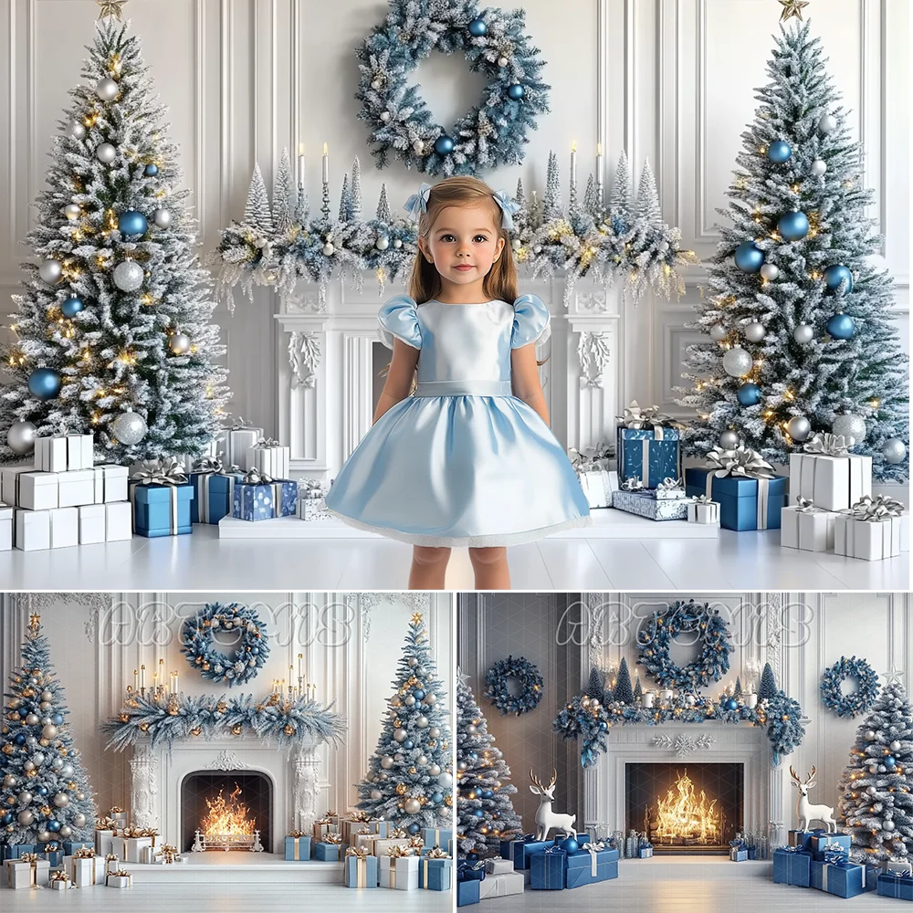 Christmas Backdrop Fireplace Christmas Trees Wreaths Blue Gift Boxes Deer Figurines Decoration Background Photo Studio Photocall