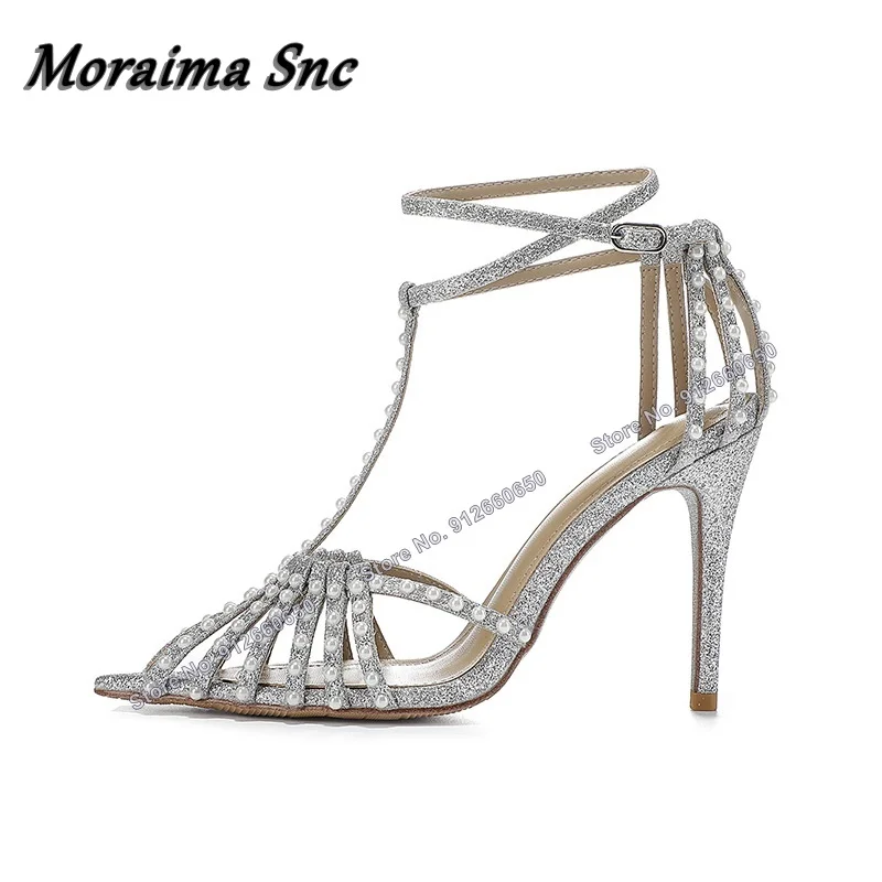 Moraima Snc Bling T Strap Rivet Women Sandals Pointed Toe Thin High Heels Shoes Ankle Buckle Women Stilettos Cover Heel Sandals