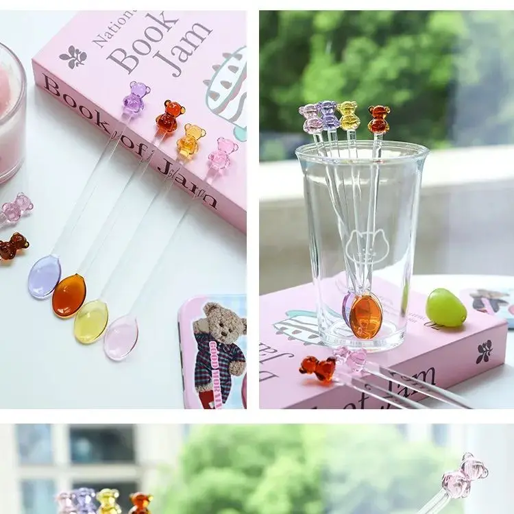 Japanese Style Creative Milk Dessert Teddy Bear Spoon Colorful Transparent Glass Spoon Cute Long Handled Coffee Stirring Spoon