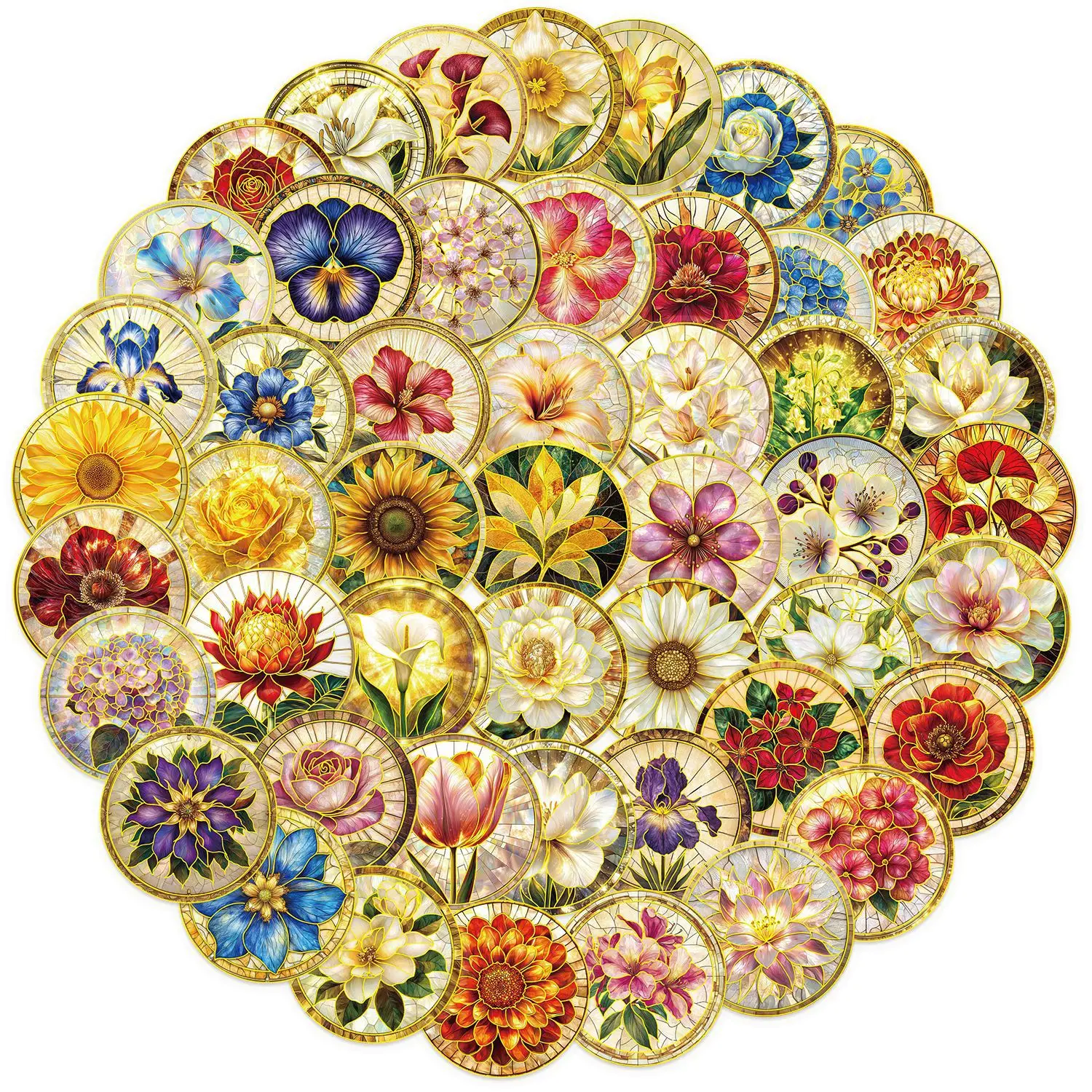 50PCS Cartoon Retro Round Flower Sticker Pack Waterproof Transparent PET Pattern Notebook Stationery Golden Foil Stickers