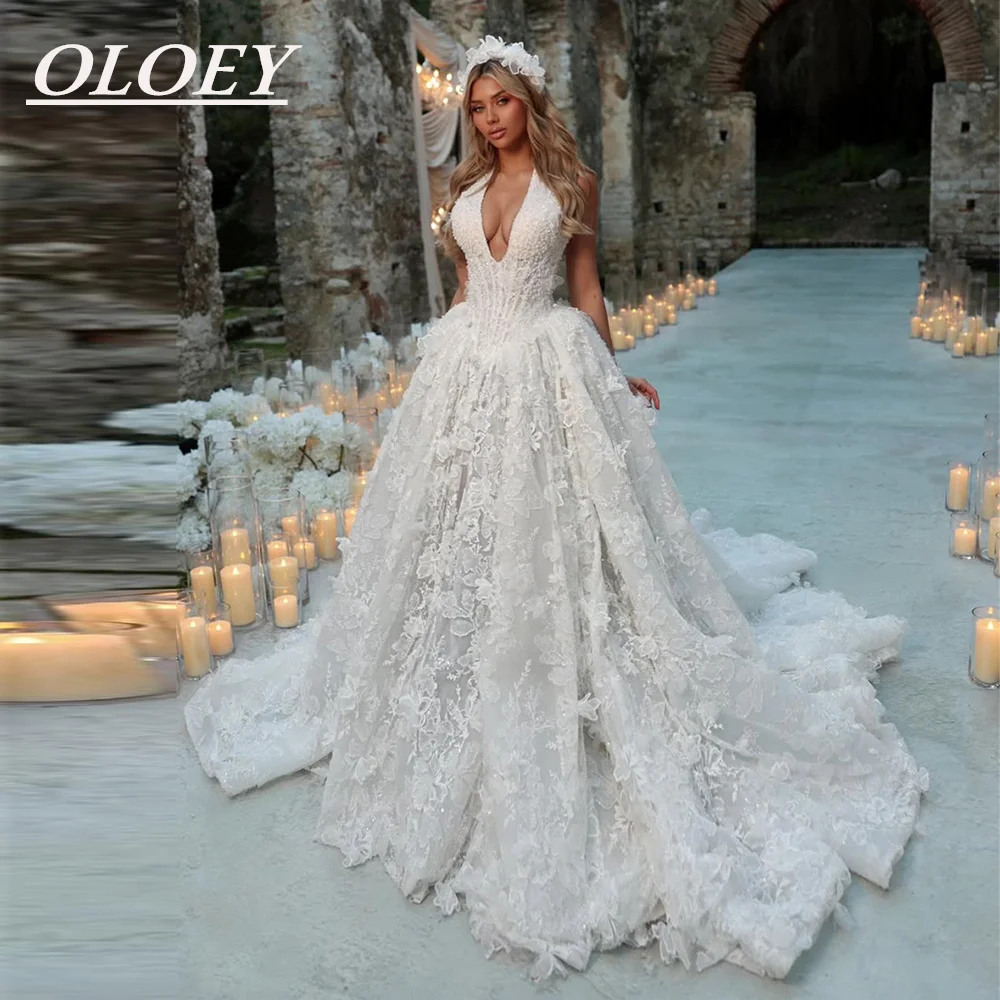 OLOEY Luxury 3d Flowers Beaded A-Line Wedding Dresses Deep V Neck Puffy Bridal Gown Customized Sweep Tail Vestidos De Novia