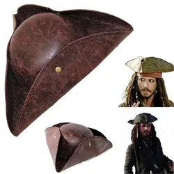 Kaptan şapka korsan şapkası Jack Sparrow Cosplay Vintage Faux deri düğme maskeli parti erkekler kadınlar Tricorn şapka korsanlar kap