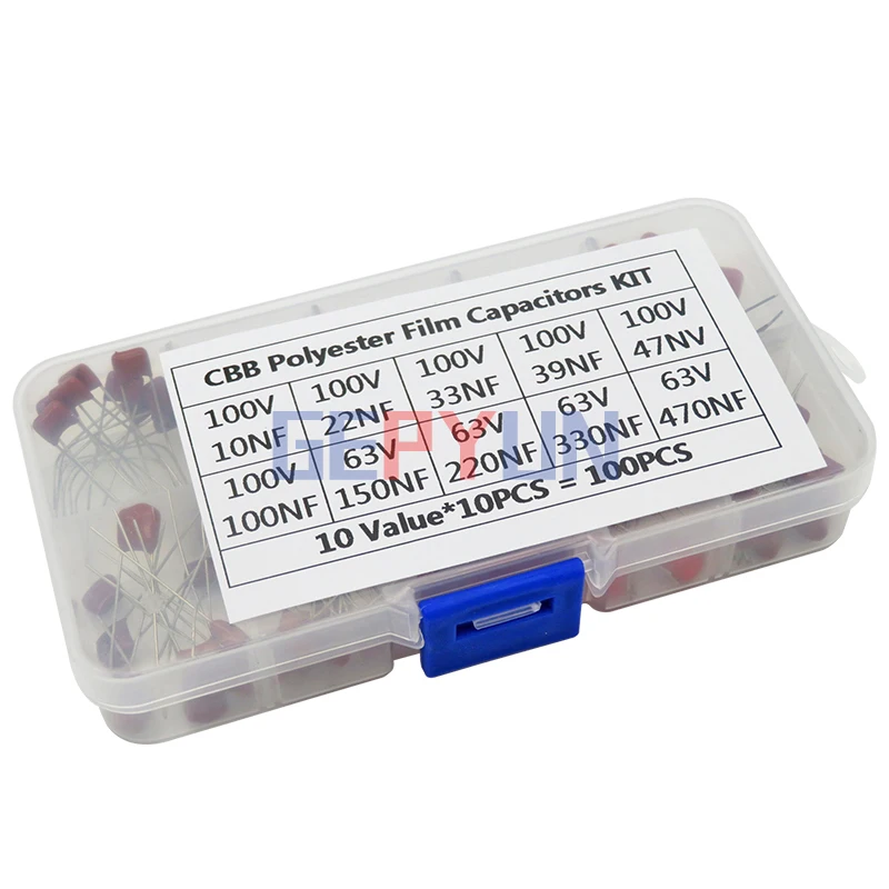 100PCS 10nF~470nF Metallized Polyester Film Capacitors Assortment Kit High precision and stability samples CBB capacitor set