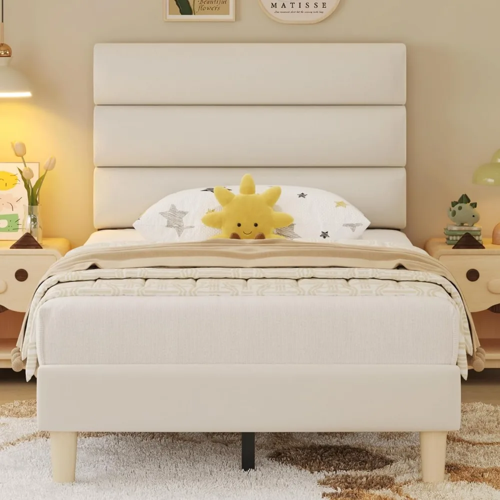 Twin Bed Frame, Platform Bed Frame with Velvet Upholstered Headboard, No Box Spring Needed, Sturdy Metal Support, Noise Free, Ea