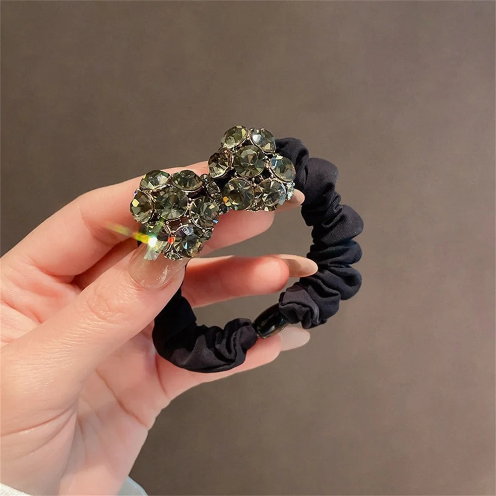 Fashion Luxury Rhinestone Bowknot Hair Rope Solid Color Vintage Bow Hairband for Women Girls Ponytail Bun Scrunchies Accessories