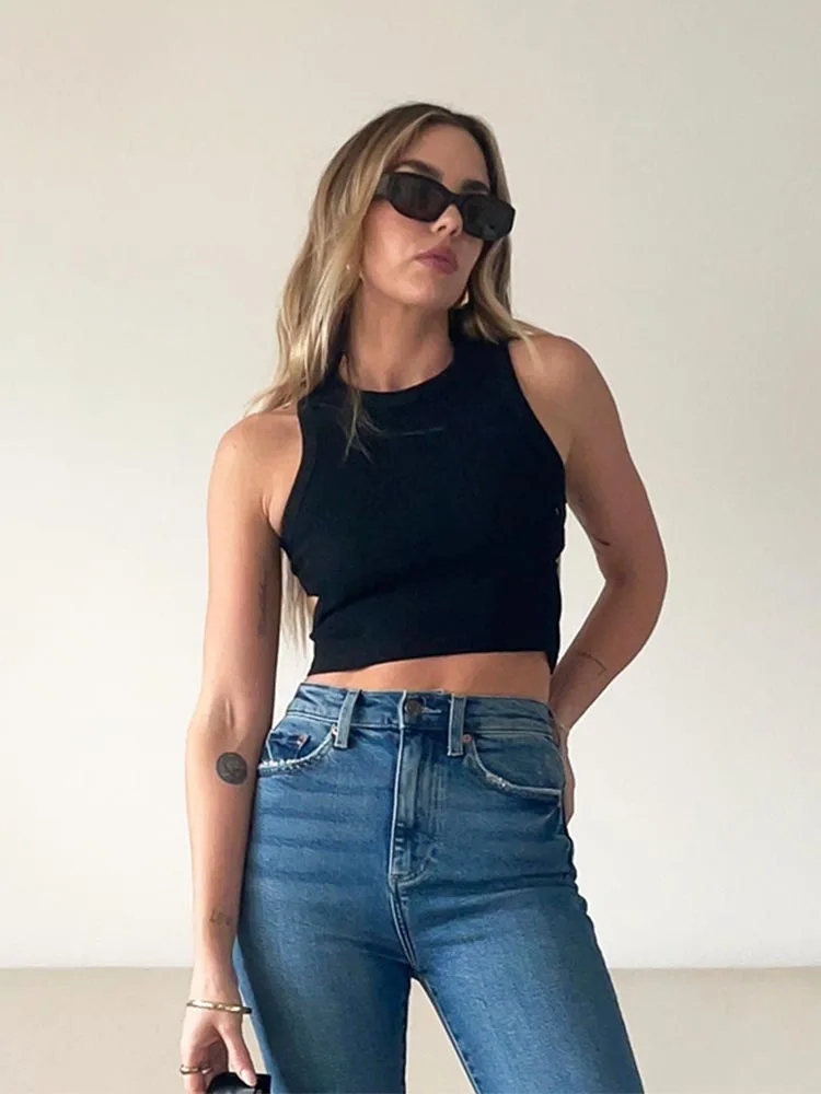 2026 Summer Solid Color Sleeveless T Shirt Women's Side Hole Knitted Tops Knitted Tops Basic Wear Streetwear