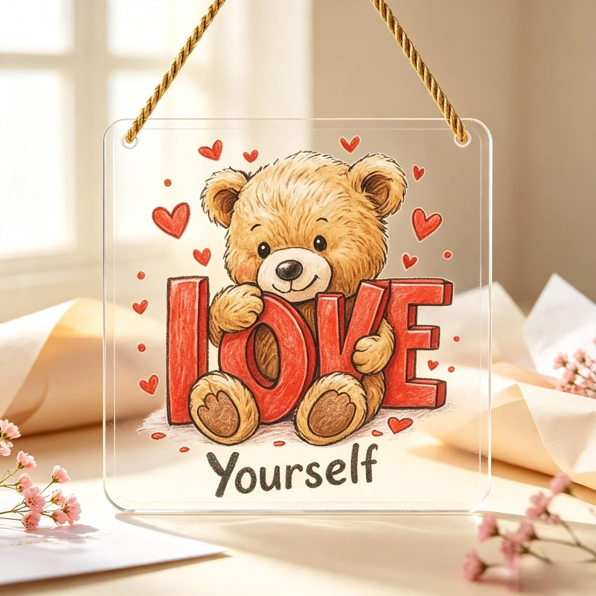 Love Yourself Teddy Bear Acrylic Hanging Sign Heart Wall Decor,Cute Brown Bear Hold LOVE Letters Acrylic Hanging Plaque Home Decor