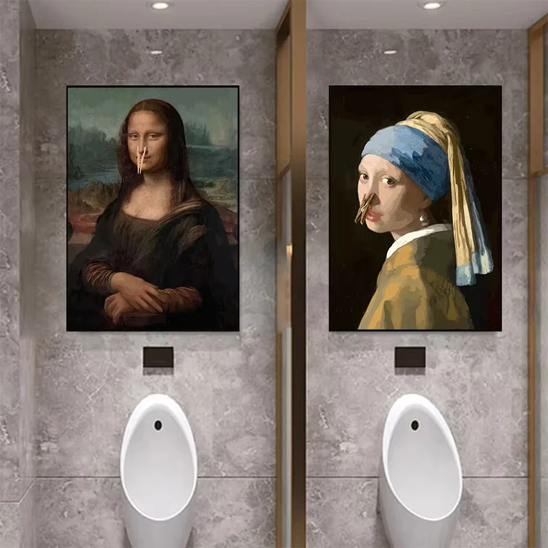 Funny Bathroom Toilet Decoration Painting Mona Lisa Wearing Pearls Girl with Roll Paper Canvas Prints Posters Home Wall Decor