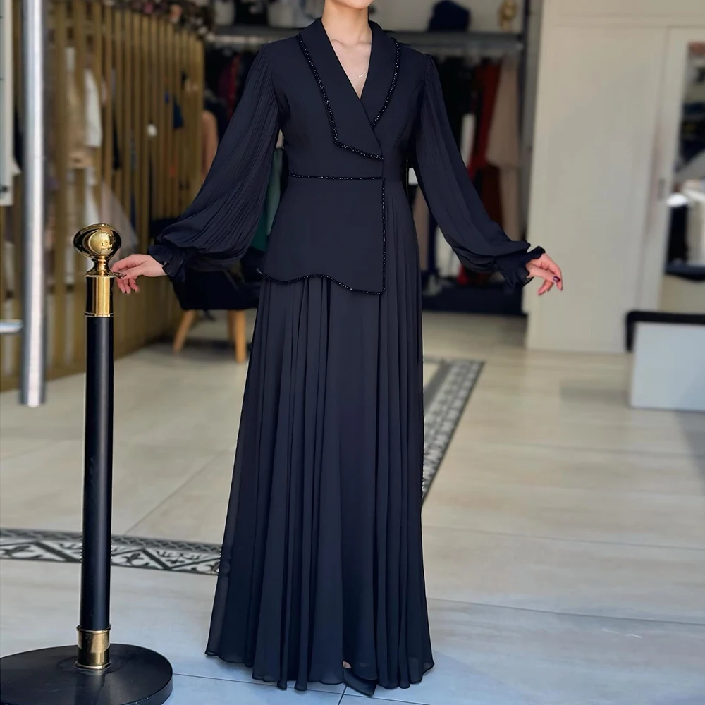 

Customized A-line Evening Dresses Floor-length V-neck Full Sleeve Prom Gown Fashion Sequined Simple Draped Casual Party Gown