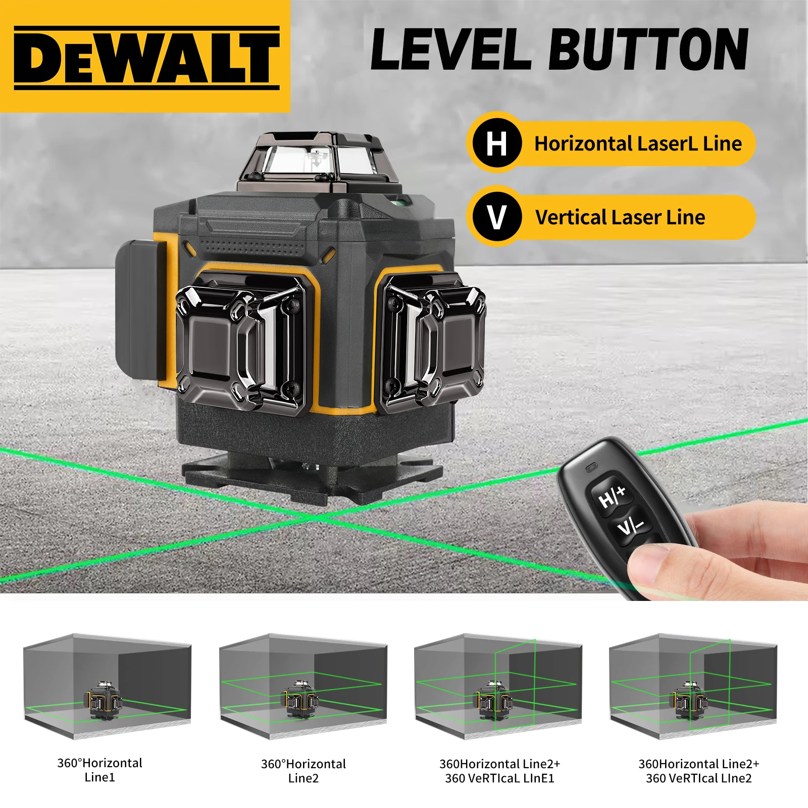 Dewalt 3 lados * linhas verticais de 360 graus 16 linhas (4D) medidor de nível a laser ao ar livre com função de linha cruzada vertical precisa