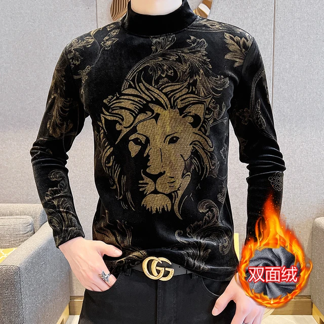 Winter Luxury Lion Print Gold Velvet T-shirt Men Long Sleeve Half  Turtleneck Pullover Thicken Warm Business Casual Tee Tops 4XL - AliExpress  200000343