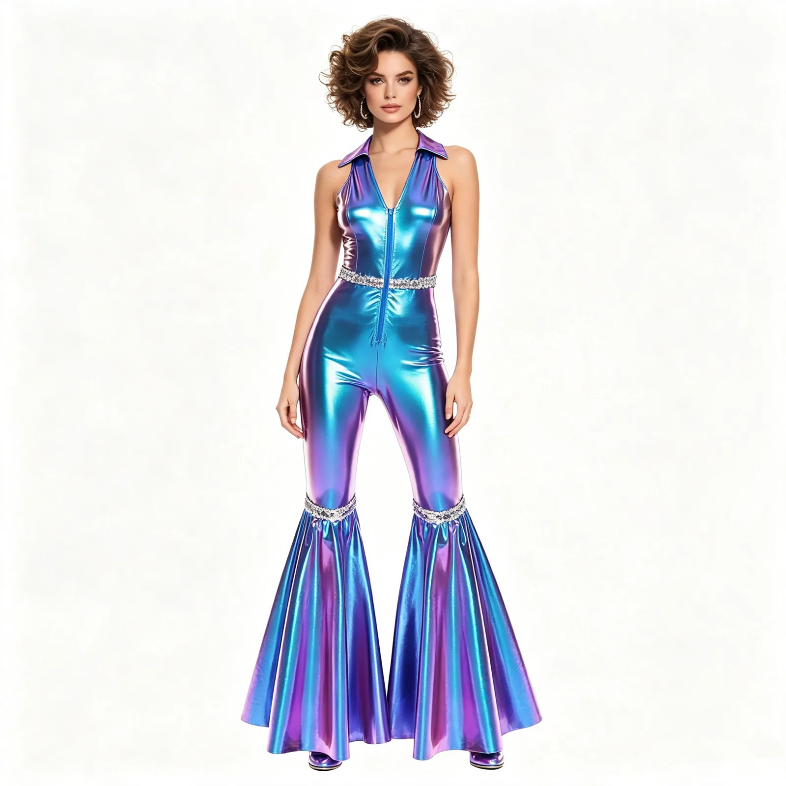 Mono de Discoteca Vintage Años 70 para Mujer, Disfraz Metálico Brillante con Pantalones Acampanados para Fiesta Temática de Halloween, Carnaval o Estilo Hippie