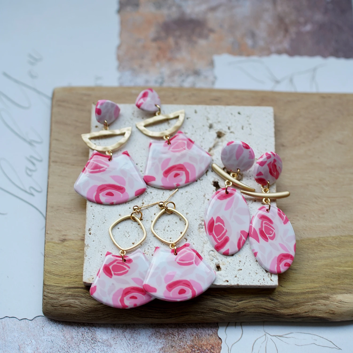 Trendy Moda Gül Çiçek Dangle Kolye Emaye Metal Parçalar Ile El Yapımı Polimer Kil Küpe Setleri kadın Aksesuarları Hediyeler