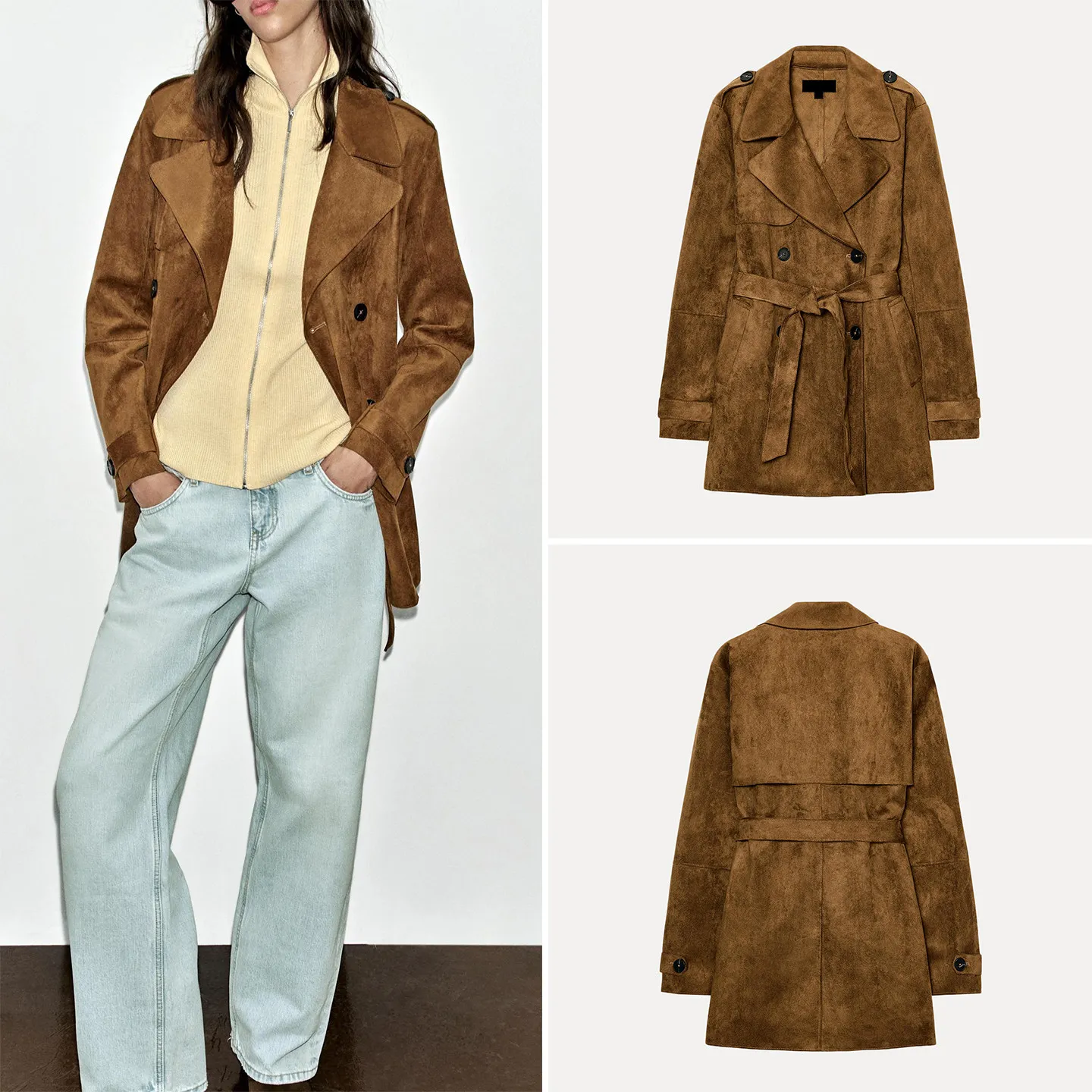 Fashionable Long Sleeve Collared Belted Effect Autumn Coat Women's Casual Loose Fit Double Breasted Mid-Length Outerwear