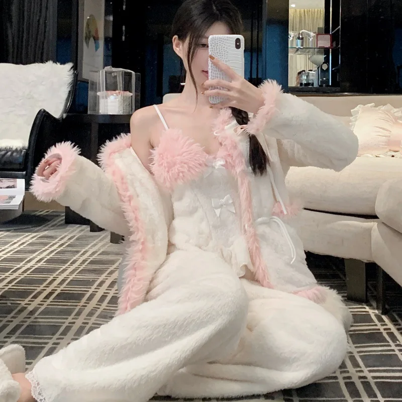 

Толстая одежда для сна из кораллового флиса, женская длинная плюшевая домашняя одежда, простой элегантный стиль, зимний теплый домашний костюм, молодежный женский