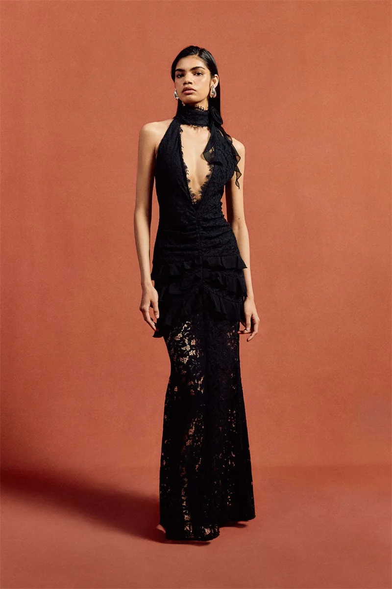 

Black Lace Long Women's Prom Dress 3D Flower Sexy V Neck Sleeveless Backless Sheath Evening Gown Formal Casual Guest Party Robe