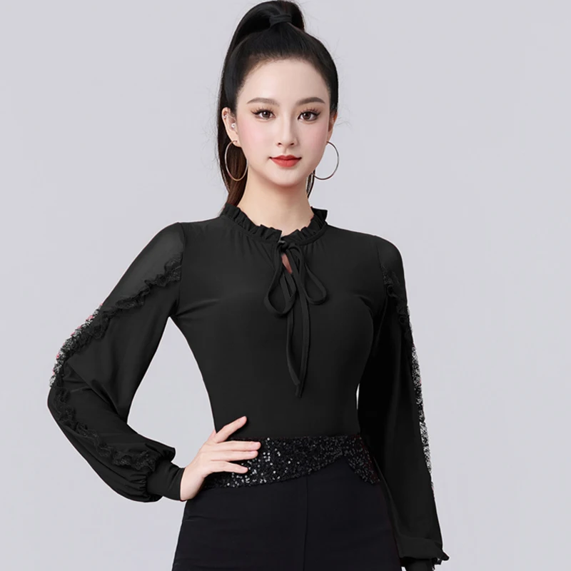 nouveau-haut-de-danse-de-salon-noir-femmes-a-manches-longues-hauts-d'entrainement-tango-vetements-de-danse-moderne-adulte-costume-d'entrainement-latin-rouge-amy2884