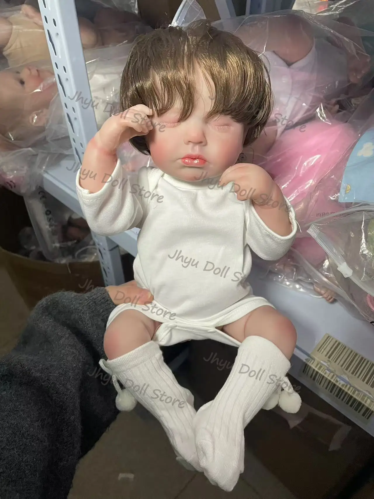 Loulou pano corpo/corpo completo de vinil 48cm já acabado pintura realista dormir boneca reborn com veias visíveis cabelo enraizado à mão