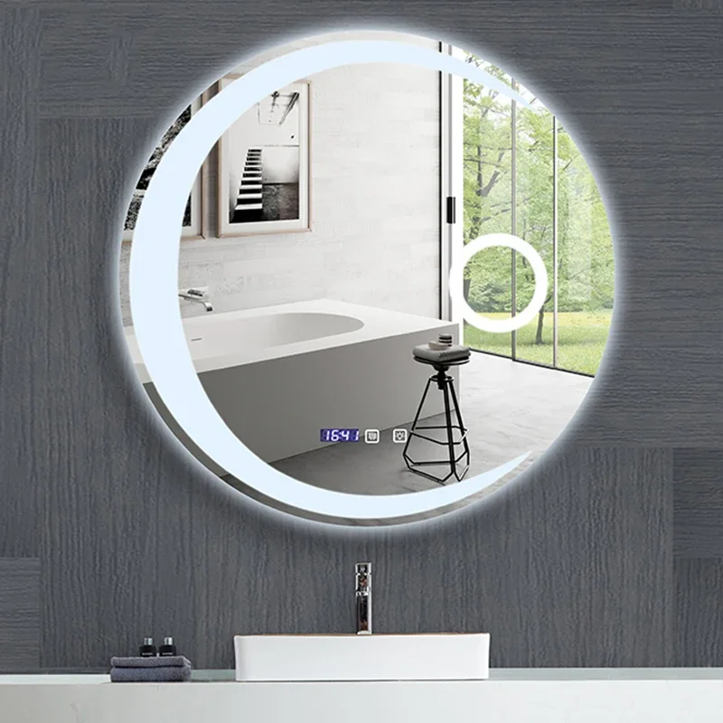 モダンなインテリジェントバスミラーホームタッチスクリーンバスルームミラー壁掛け月型ラウンド化粧鏡 LEDライト付き