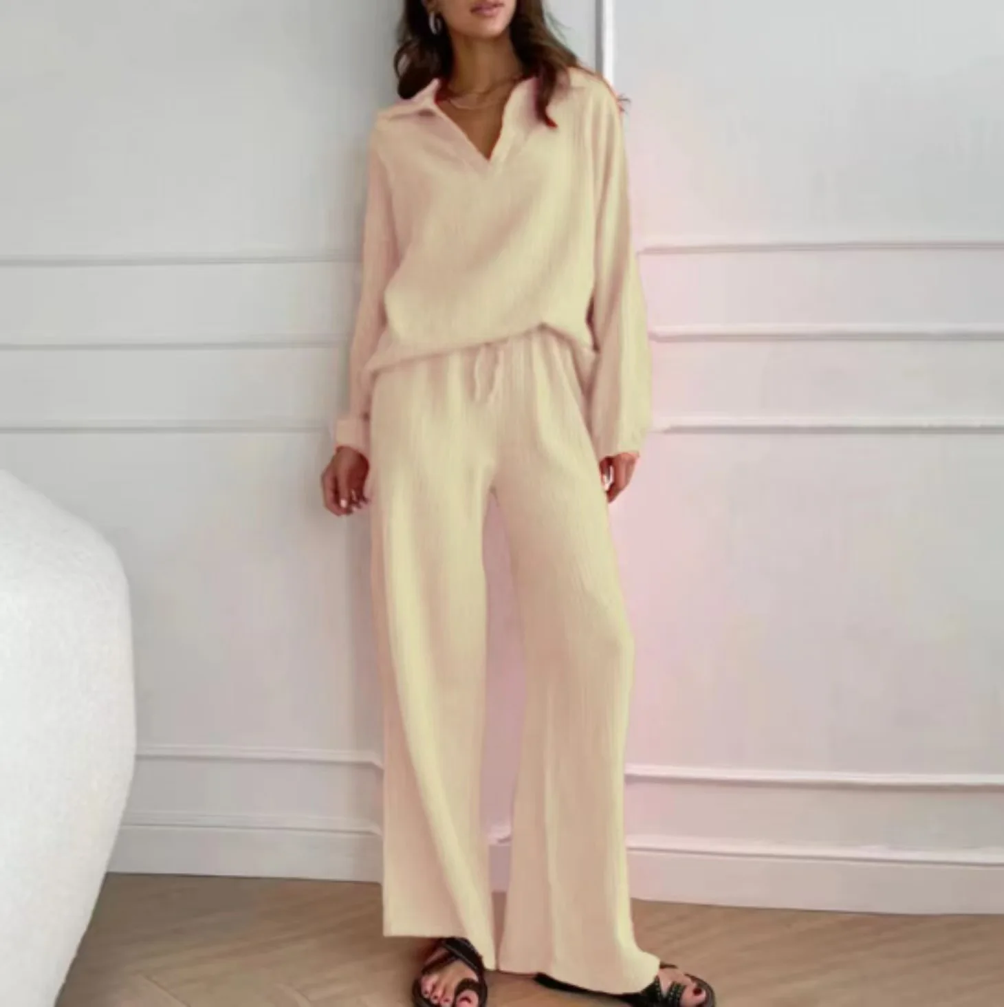 Casual Long Sleeve Tops And Pant Sets Women 2024 Fashion V Neck Shirts Wide Leg Pants New In 2 Piece Sets Women Outfit Elegant