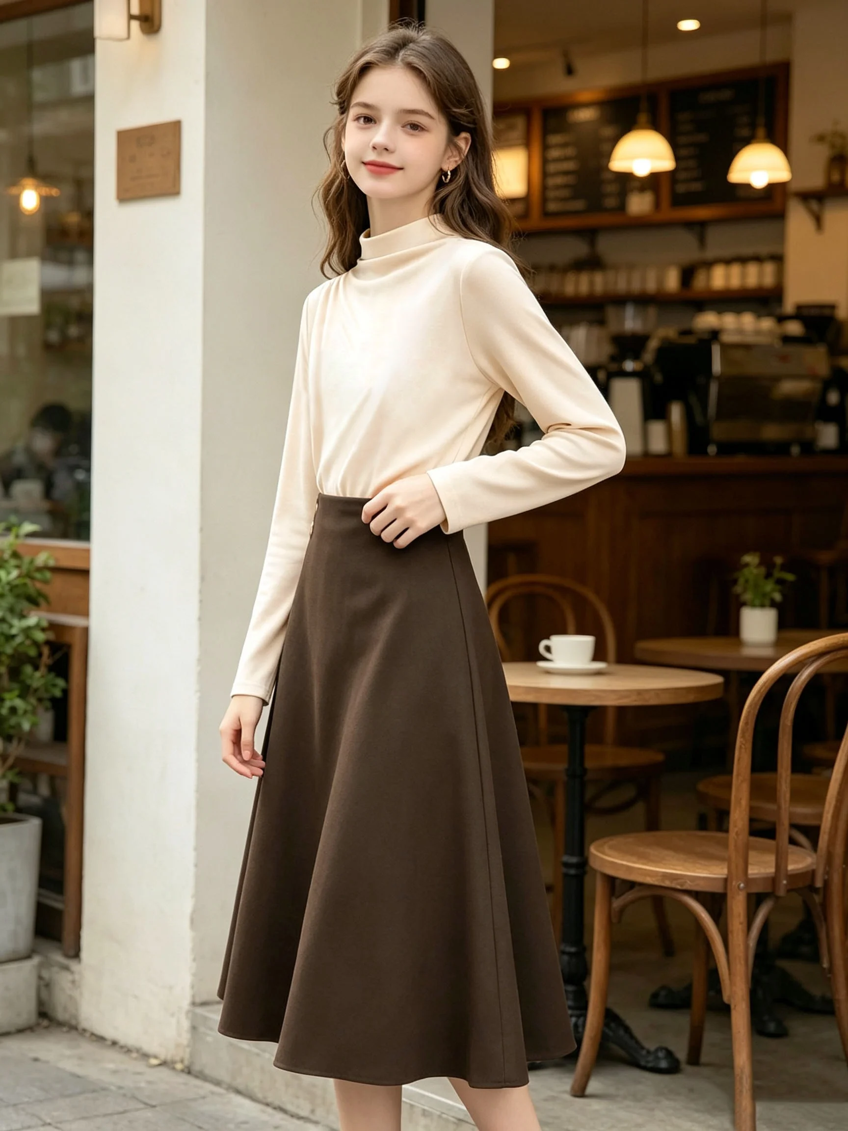 Spring and Autumn Outfit for Teenage Girls: Pleated Shoulder Top with Small Stand-Up Collar and Button Decoration, High-Waisted Skirt, Suitable for Girls over 13 Years Old, Versatile Clothing for Home and Outings
