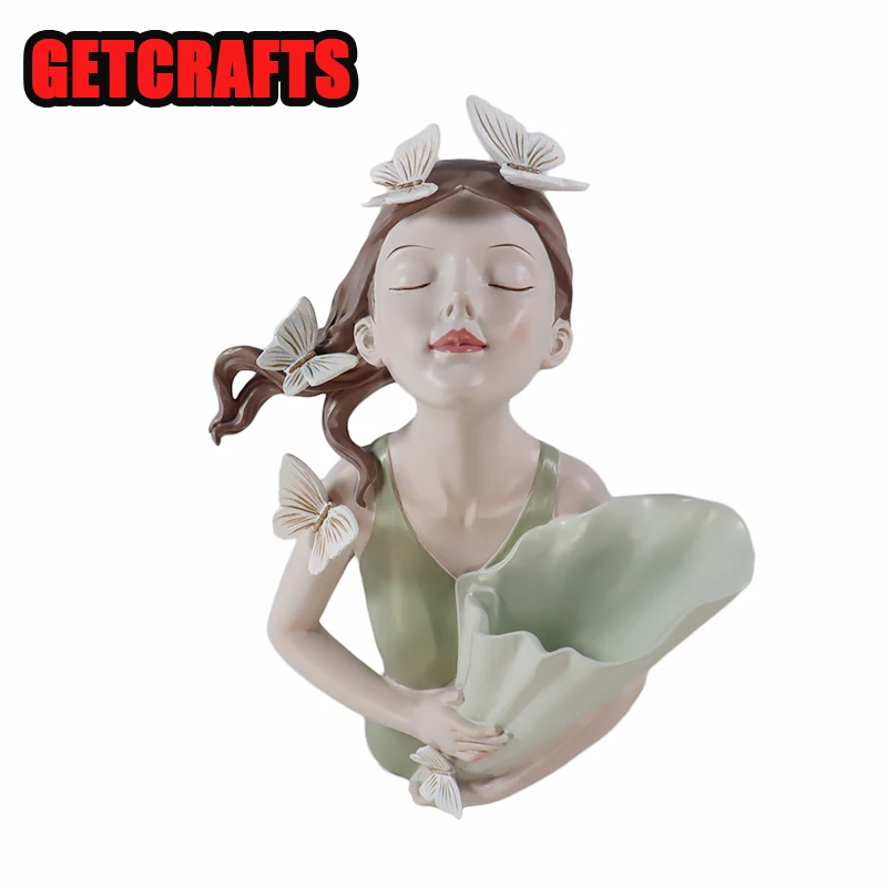 

GETCRAFTS Girl Home Decor Figurines Nordic Bouquet Storage Desk Decoration Statues Resin Flower Vase Sculpture for Interior