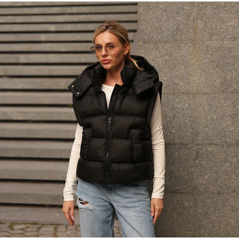 Damen-Wintermäntel, abnehmbare Weste mit langen Ärmeln, wattierte Jacken mit Kapuze, Street-Lady-Stil, Stehkragen, Reißverschluss, lockere Passform, neue Oberbekleidung. – Detail 4