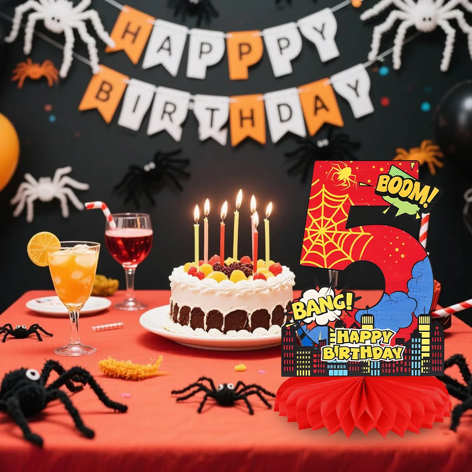 Hero City Cartoon-Thema Rotes Spinnennetz Boom Honeycomb Center Geburtstagsparty-Dekorationen Digitale Zelluläre Babyparty-Ornamente – Detail 4