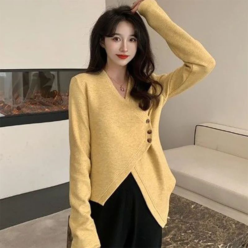 

Fashion V-Neck Solid Color Button Asymmetrical Blouses Women's Clothing 2023 Autumn Winter Loose Casual Tops Irregular Shirts