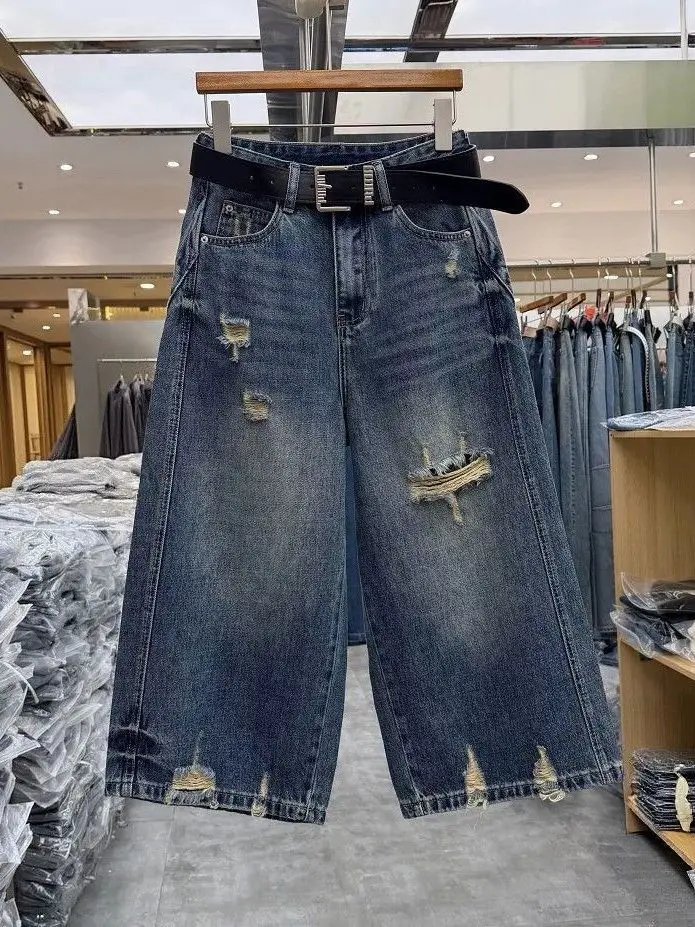 

Retro Loose Denim Jeans Women's Summer New Style Seven-Five High Waist Wide Leg Pants with Pockets Hole Design Slimming Eight...